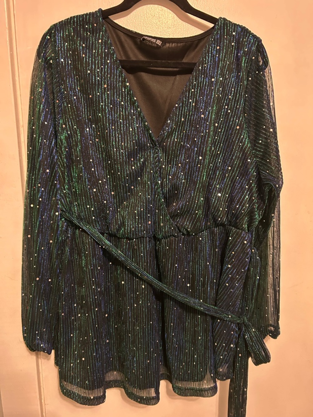 BloomChic Green and Blue Metallic V-Neck Long Sleeve Tunic
